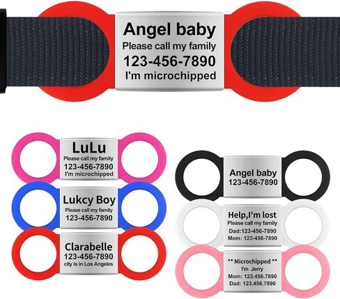 Silent Slide On Dog Cat ID Tags, Personalized Laser Engraved On Collar, Elastic Silicone Band and Stainless Steel Name Plate (Red, Small) in Kuwait