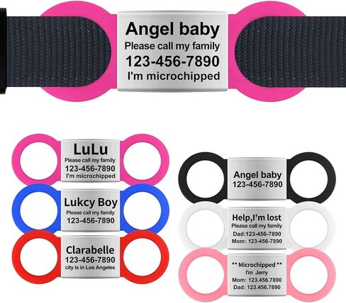 Silent Slide On Dog Cat ID Tags, Personalized Laser Engraved On Collar, Elastic Silicone Band and Stainless Steel Name Plate (Red, Small) in Kuwait