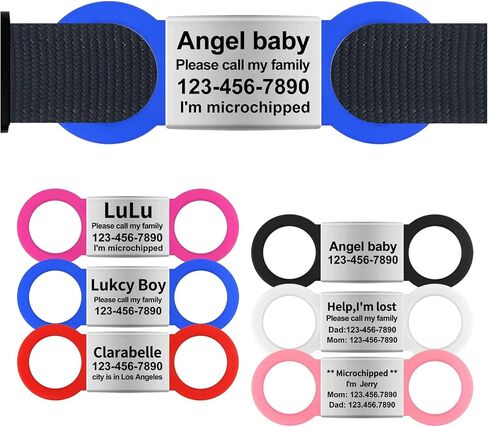 Silent Slide On Dog Cat ID Tags, Personalized Laser Engraved On Collar, Elastic Silicone Band and Stainless Steel Name Plate (Red, Small) in Kuwait