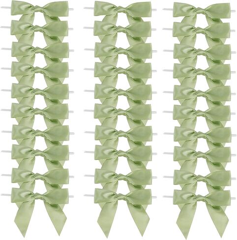 50 Pcs 3.5" Sage Green Satin Ribbon Bows, Pre-Tied Mini Twist Tie Craft Bows for Treat Bags, Cake Pops - Baby Shower Premade Wire Bowknot for Gift Wrapping Birthday Wedding Party Favors in Saudi Arabia