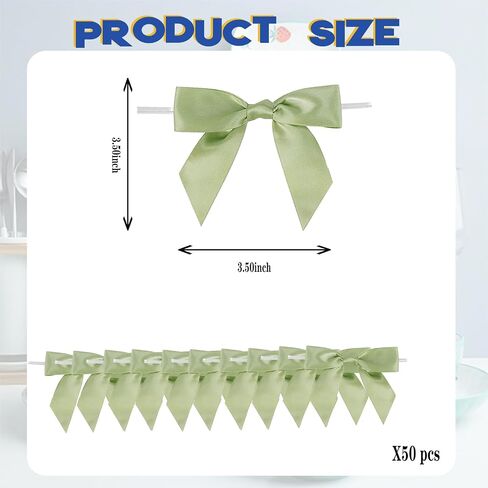 50 Pcs 3.5" Sage Green Satin Ribbon Bows, Pre-Tied Mini Twist Tie Craft Bows for Treat Bags, Cake Pops - Baby Shower Premade Wire Bowknot for Gift Wrapping Birthday Wedding Party Favors in Saudi Arabia