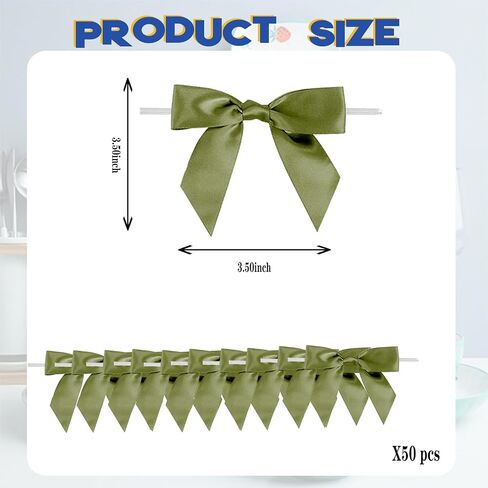 50 Pcs 3.5" Sage Green Satin Ribbon Bows, Pre-Tied Mini Twist Tie Craft Bows for Treat Bags, Cake Pops - Baby Shower Premade Wire Bowknot for Gift Wrapping Birthday Wedding Party Favors in Saudi Arabia
