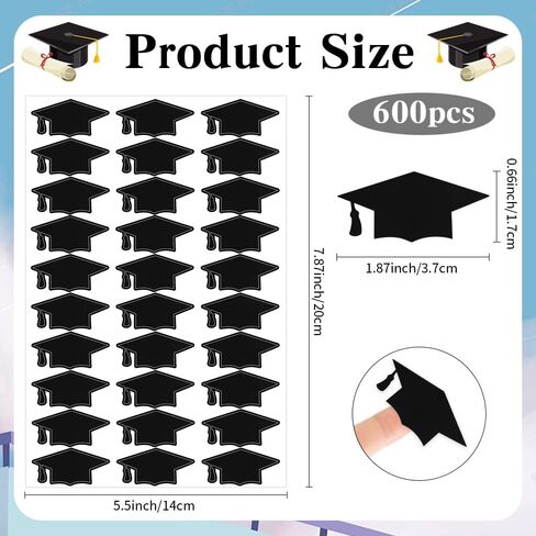Graduation Cap Stickers, 600 PCS Black Graduations Hat Stickers 2025, Self-Adhesive Graduations Envelope Sealing Labels Sticker, Congrats Grad Cap Decals Class of 2025 for Graduation Party Decorations in Kuwait