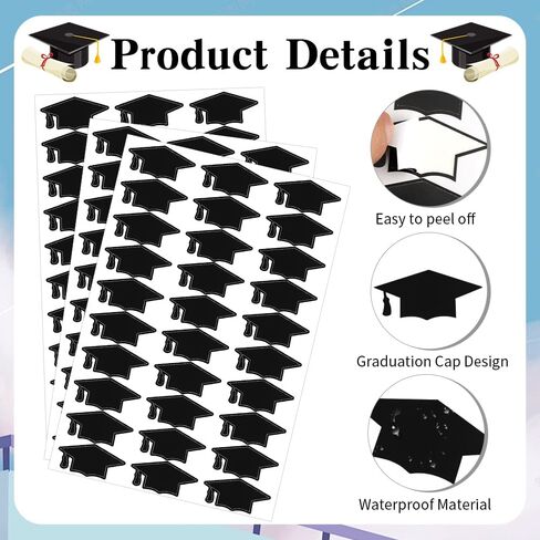 Graduation Cap Stickers, 600 PCS Black Graduations Hat Stickers 2025, Self-Adhesive Graduations Envelope Sealing Labels Sticker, Congrats Grad Cap Decals Class of 2025 for Graduation Party Decorations in Kuwait