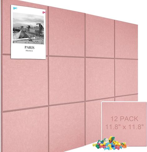 Large Cork Board Alternative 48" X 36" Bulletin Board - 12 Pack Removable Felt Wall Tiles with 30 pushpins, Large Cork Boards for Walls Cork Board for Office Pin Board Tack Board - Pink in Saudi Arabia