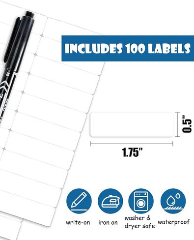 Writable Iron on Clothing Labels, Fabric Labels Name Tags for Daycare, Nursing Home, Camp, School, Laundry, Organizing, Washer & Dryer Safe, Pack of 100 - Size 0.5'' x 1.75'', with 1 Permanent Marker in Kuwait