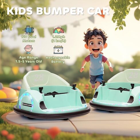 Qaba 12V Toddler Bumper Car Ride on Toy for Kids 1.5-5 Years Old, Baby Bumper Car with Remote Control, LED Lights, 360 Degree, Music, Green in Saudi Arabia