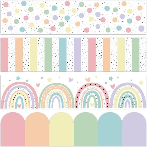4 Rolls 118 FT Boho Bulletin Border Classroom Rainbow Hearts Polka Dot Prozer Trim Bulletin Board Stripe Stripe for School Classroom Chalkboard Office Decoration ، 4 Designs in Saudi Arabia