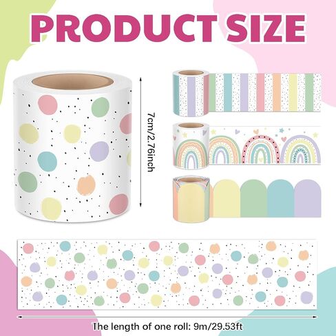 4 Rolls 118 FT Boho Bulletin Border Classroom Rainbow Hearts Polka Dot Prozer Trim Bulletin Board Stripe Stripe for School Classroom Chalkboard Office Decoration ، 4 Designs in Saudi Arabia