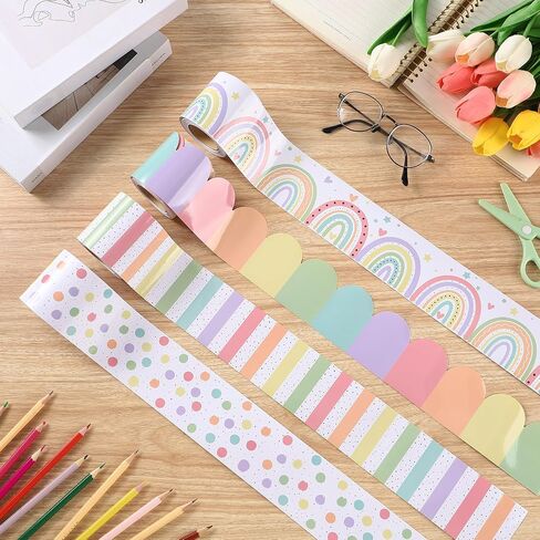 4 Rolls 118 FT Boho Bulletin Border Classroom Rainbow Hearts Polka Dot Prozer Trim Bulletin Board Stripe Stripe for School Classroom Chalkboard Office Decoration ، 4 Designs in Saudi Arabia