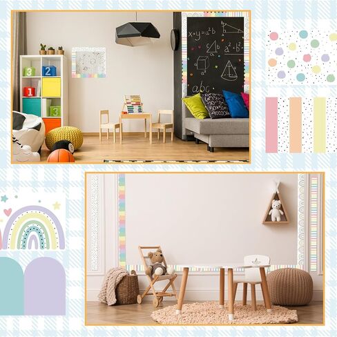 4 Rolls 118 FT Boho Bulletin Border Classroom Rainbow Hearts Polka Dot Prozer Trim Bulletin Board Stripe Stripe for School Classroom Chalkboard Office Decoration ، 4 Designs in Saudi Arabia