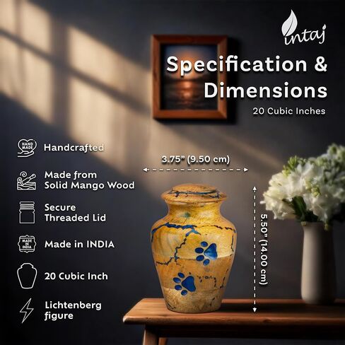 INTAJ Wooden Pet Urns for Dogs/Cats Ashes - Blue Resin Paws & Lichtenburg Design - Keepsake Cremation Urn Box, Pet Memorial Wooden Urns for Ashes, Small to Large Sizes (Classic, Small) in Saudi Arabia