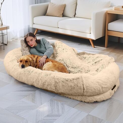 Human Dog Bed, 71''x45''x12'' Size Fits Adult and Pet Washable Giant People DogBed 10 CM Thick Memory Foam Large Oversize Dog Bed with Plump Pillow, Blanket, Strap - Grey in Saudi Arabia
