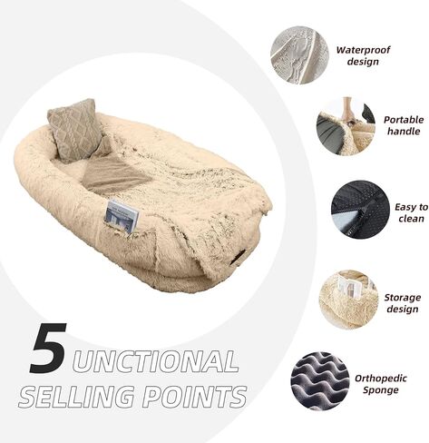 Human Dog Bed, 71''x45''x12'' Size Fits Adult and Pet Washable Giant People DogBed 10 CM Thick Memory Foam Large Oversize Dog Bed with Plump Pillow, Blanket, Strap - Grey in Saudi Arabia