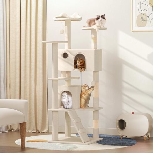 Tall Cat Tree with Scratching Post, 2 Cat Condos and Ladder, Cat Tower for Indoor Cats Kittens Climbing Tower with Anti-Tipping Rope, 60'' - Beige in Kuwait