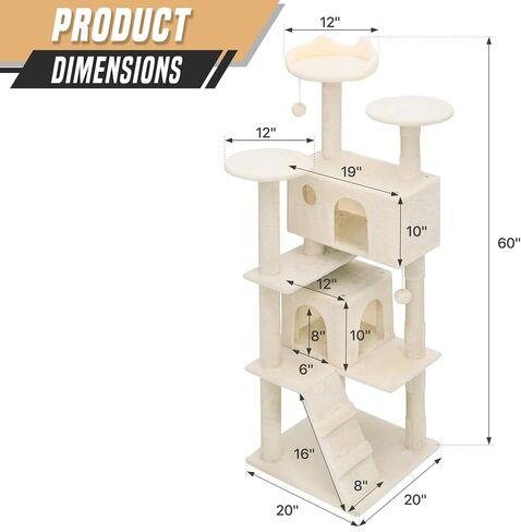 Tall Cat Tree with Scratching Post, 2 Cat Condos and Ladder, Cat Tower for Indoor Cats Kittens Climbing Tower with Anti-Tipping Rope, 60'' - Beige in Kuwait
