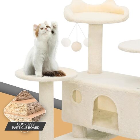 Tall Cat Tree with Scratching Post, 2 Cat Condos and Ladder, Cat Tower for Indoor Cats Kittens Climbing Tower with Anti-Tipping Rope, 60'' - Beige in Kuwait