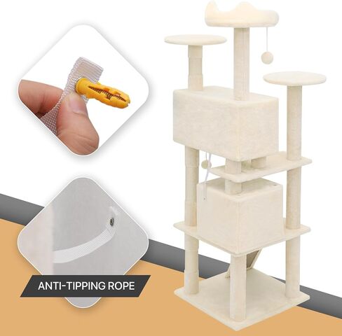 Tall Cat Tree with Scratching Post, 2 Cat Condos and Ladder, Cat Tower for Indoor Cats Kittens Climbing Tower with Anti-Tipping Rope, 60'' - Beige in Kuwait