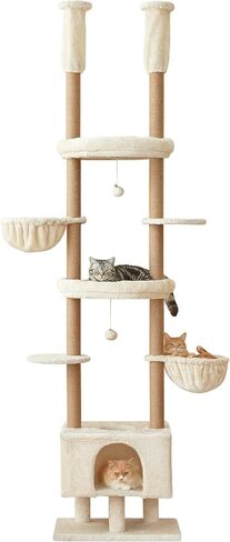 Cat Tree, Floor to Ceiling Cat Tower Adjustable Height [92.9-102.4 in=235-258cm], 7 Tiers Cat Climbing Play House with Fully Sisal Scratching Post, Cozy Condo & Hammocks for Indoor Cats, Beige in Kuwait