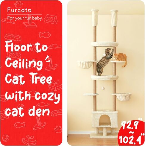 Cat Tree, Floor to Ceiling Cat Tower Adjustable Height [92.9-102.4 in=235-258cm], 7 Tiers Cat Climbing Play House with Fully Sisal Scratching Post, Cozy Condo & Hammocks for Indoor Cats, Beige in Kuwait