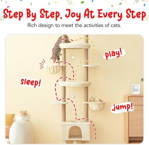 Cat Tree, Floor to Ceiling Cat Tower Adjustable Height [92.9-102.4 in=235-258cm], 7 Tiers Cat Climbing Play House with Fully Sisal Scratching Post, Cozy Condo & Hammocks for Indoor Cats, Beige in Kuwait