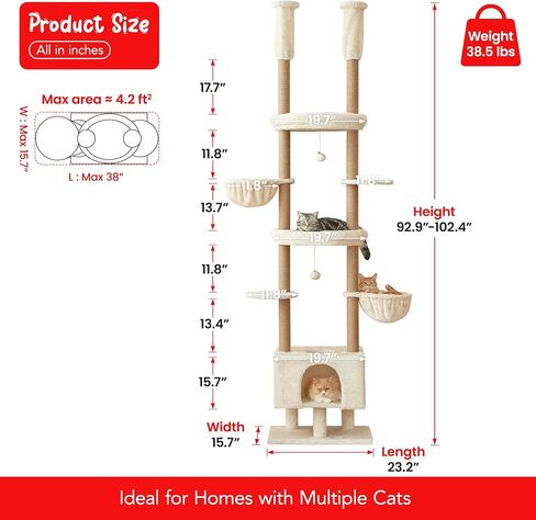 Cat Tree, Floor to Ceiling Cat Tower Adjustable Height [92.9-102.4 in=235-258cm], 7 Tiers Cat Climbing Play House with Fully Sisal Scratching Post, Cozy Condo & Hammocks for Indoor Cats, Beige in Kuwait