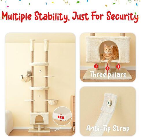 Cat Tree, Floor to Ceiling Cat Tower Adjustable Height [92.9-102.4 in=235-258cm], 7 Tiers Cat Climbing Play House with Fully Sisal Scratching Post, Cozy Condo & Hammocks for Indoor Cats, Beige in Kuwait