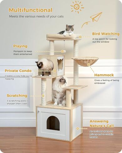 PETEPELA 56.7" Cat Tree with Litter Box Enclosure Large, Wood Cat Tower for Indoor Cats with Storage Cabinet and Cozy Cat Condo, Sisal Covered Scratching Post and Repalcable Dangling Balls, Beige in Saudi Arabia