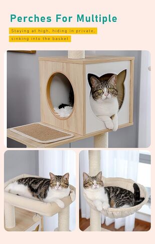 PETEPELA 56.7" Cat Tree with Litter Box Enclosure Large, Wood Cat Tower for Indoor Cats with Storage Cabinet and Cozy Cat Condo, Sisal Covered Scratching Post and Repalcable Dangling Balls, Beige in Saudi Arabia