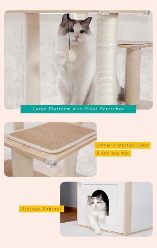 PETEPELA 56.7" Cat Tree with Litter Box Enclosure Large, Wood Cat Tower for Indoor Cats with Storage Cabinet and Cozy Cat Condo, Sisal Covered Scratching Post and Repalcable Dangling Balls, Beige in Saudi Arabia