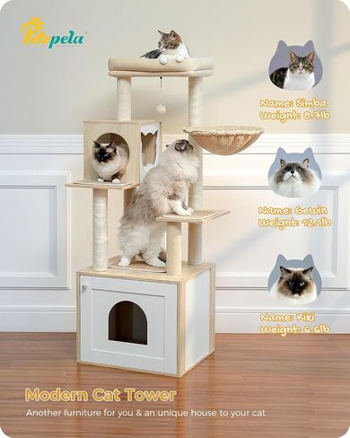 PETEPELA 56.7" Cat Tree with Litter Box Enclosure Large, Wood Cat Tower for Indoor Cats with Storage Cabinet and Cozy Cat Condo, Sisal Covered Scratching Post and Repalcable Dangling Balls, Beige in Saudi Arabia