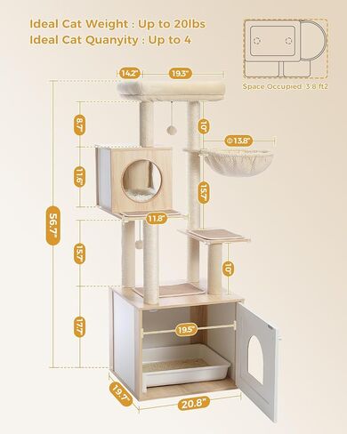 PETEPELA 56.7" Cat Tree with Litter Box Enclosure Large, Wood Cat Tower for Indoor Cats with Storage Cabinet and Cozy Cat Condo, Sisal Covered Scratching Post and Repalcable Dangling Balls, Beige in Saudi Arabia