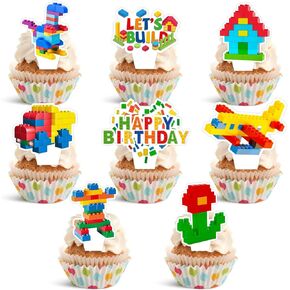 24-Piece Building Block Brick Themed Birthday Party Cupcake Toppers Decorations for Kids Adults Boy Girl Party Supplies