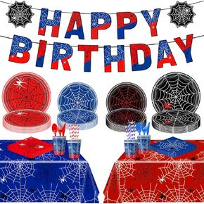 163Pcs Red and Blue Spider Web Birthday Party Tableware Set Spider Theme Party Decoration Supplies