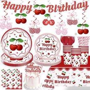 Cherry Birthday Decorations Tableware Set, 20 Serves Disposable Plates and Napkins Set, with Cake Topper, Banner, Tablecloth, for Cherry Party Decorations