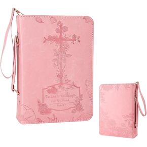Pink Bible Cover Case for Women -Large PU Leather Debossed Scripture Cover with Cross & Rose - Bible Accessories - Bible Carrying Case for Women, Girls, Gifts