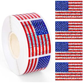 4th of July Decorations 300Pcs American Flag Sticker Roll Red White and Blue Holographic Glitter Independence Day Patriotic Stickers USA Flag Jar Labels Fourth of July Parades Party Supplies