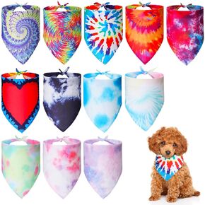 Silkfly 12 Pcs Tie Dye Dog Bandanas Washable Triangle Bibs, Rainbow Colorful Dog Neckerchief Scarf for Dogs Cats Pets, Birthday Party Supplies Decorations Birthday Outfit Bandanas Accessories