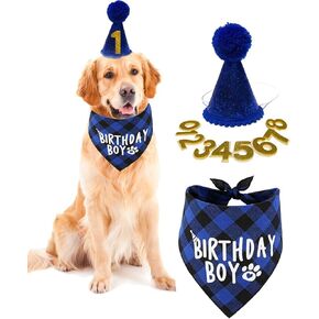 Dog Birthday Party Supplies,Dog Bandana,Dogs Birthday Scarf Hat with Numbers Fits Dogs with Neck Circumference Less Than 20" (Blue)