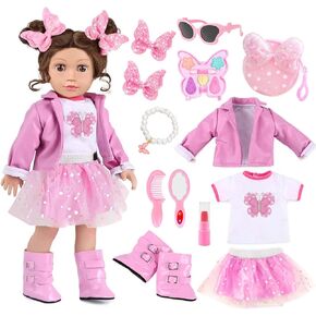 American 18 Inch Dolls Clothes Pretend Makeup Accessories Gift Playset for Girls,Cosmetic Bag Toys Fits for 18" Dolls Include Skirt Outfit Shoes Sunglasses Makeup Stuffs Doll NOT Include
