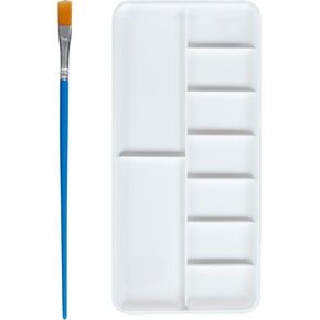 Paint Mixing Palette & Brush Set, 7 Wells and 2 Large Color Mixing Areas, White Plastic, Includes A Paint Brush