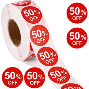 1000pcs 50% Discount Stickers, 1 Inch Round Self Adhesive 50 Percent Off Signs Practical Promotion Labels Price Sales Reduced Tags for Retail Store Supermarkets Shops (Red)