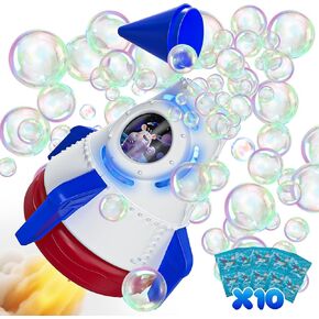Rocket Bubble Machine for Kids with Lights, 360° Rotating Bubble Blower Toy with 10 Refill Solutions, Bubble Maker for Toddlers, Fun Outdoor Party Gift for Boys & Girls Blue