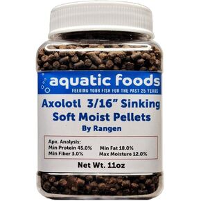 Aquatic Foods Inc. Axolotl Food, 3/16" Soft Moist Sinking Pellets, Rangen's Salmon Meal Pellets for Medium & Adult Axolotl. Also Shrimp, Snails, Crabs, All Tropical Fish...11oz Small Jar
