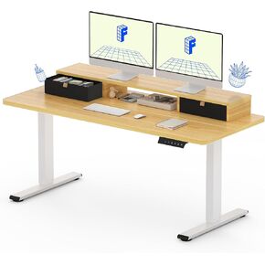 FLEXISPOT Electric Standing Desk with Drawer, Solid One-Piece Adjustable Height Desk with Storage Shelf, Ergonomic Monitor Stand for Computer Laptop (White Frame/Maple Top, 48 inch)