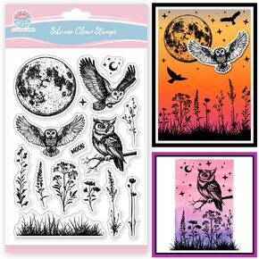 Globleland Wildflowers Clear Stamps Owl and Moon Silicone Clear Stamp Sample Silhouette Silhouette شفافة ل DIY Scrapbooking وبطاقات صنع ألبوم الصور Journal 6.3x4.33inch