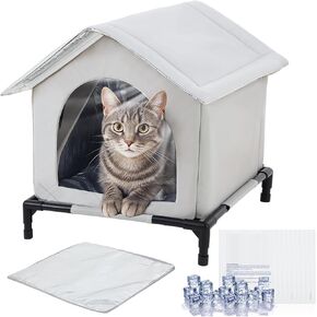 Chunful Pet Cooling House Foldable Under 11 Lbs Cat Dog House Outdoor Indoor Weatherproof Cat Shelter for Summer with Air Conditioning 9 Ice Packs Cushion Ventilate Easy Clean and Assemble(Grey)
