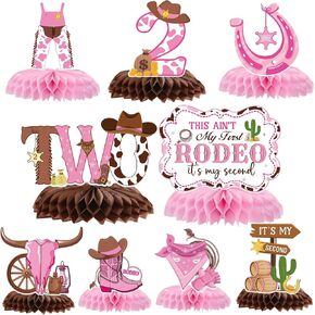 Gameza This Ain't My First Rodeo It's My Second Birthday Party Decorations, Cowgirl 2nd Birthday Table Decorations, 9PCS Western Rodeo Theme 2 Years Old Birthday Decor for Girls