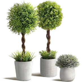 3Pcs Fake Plants 14.57 Inch, Artificial Boxwood Topiary Ball Tree in Cement Planter, Artificial Plants Indoor for Home Bathroom Bedroom Kitchen Office Room Decor