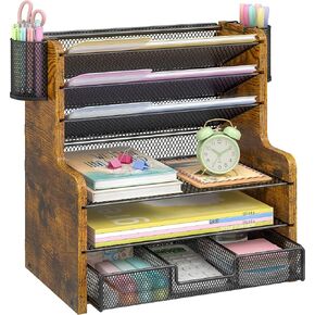 6-Tier Mesh Desk Organizer with Drawer, Wooden Office Organizer for Papers, Folders & Office Supplies - Sturdy Desktop File Holder with 2 Pen Holders - Space Saving Home Office Accessories